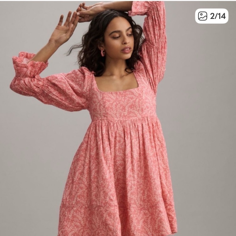 Anthropologie Pilcro pink floral babydoll mini dress with gathered sleeves. L - Picture 4 of 13